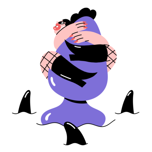 Animation of a white feminine person in fishnets clambering up a butt plug floating in water full of sharks.